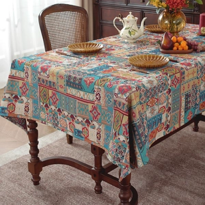 Bohemian floral jacquard rectangular tablecloth with vintage geometric patchwork pattern