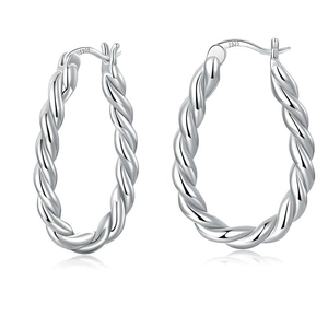 Macro detail of S925 sterling silver twisted rope oval hoop earrings with hallmark