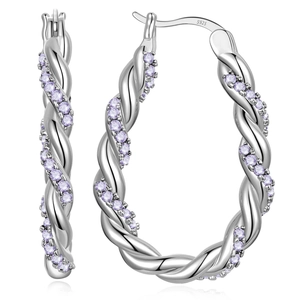Elegant S925 sterling silver twist hoop earrings featuring purple zircon stones