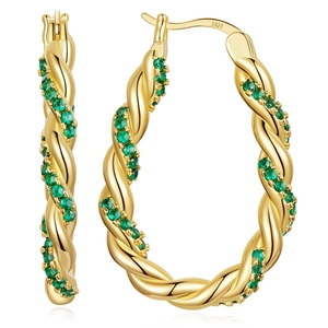 Twisted gold hoop earrings with green zircon stones in polished S925 sterling silver