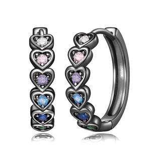 Black gold hoop earrings with multi-color heart-shaped cubic zirconia gemstones