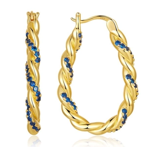 Gold twisted hoop earrings with blue zircon stones and S925 silver needles