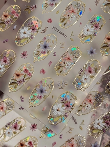 Macro detail of aurora laser nail stickers with gold vintage floral frames YT7116Pro