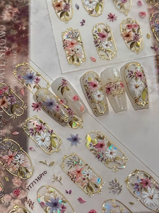 Detail view of retro 5D embossed floral nail stickers with gold borders, model YT7116Pro