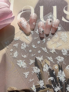 Detailed 5D embossed nail stickers featuring white floral patterns and rose lettering