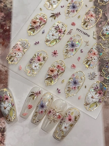 Macro view of YT7116Pro 3D floral nail art stickers with gold embossed frames