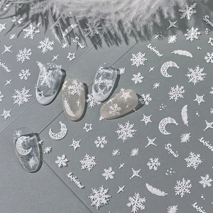 3D Relief Nail Stickers White Snowflake Feather Star Moon Pattern Self Adhesive Winter Christmas Nail Art Decor For Women