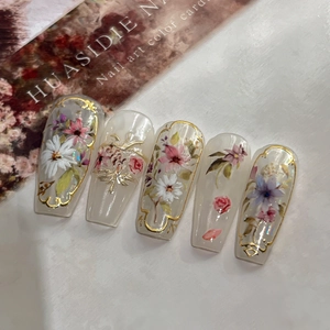 5Pcs luxury vintage floral nail art stickers with gold foil details on long coffin shape