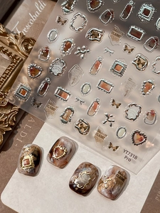 Detailed 3D retro oil painting nail stickers with gold frames and amber gems YT7318