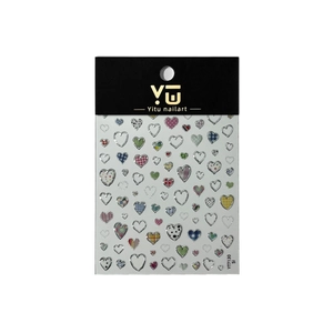 Y2K style heart nail art stickers with metallic silver edges and colorful plaid designs