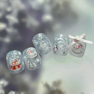 3D-Nagelaufkleber mit roten Schleifen, Weihnachtsbäumen und glitzerndem Transparent-Look