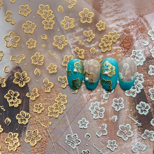 5D Embossed Flower Nail Stickers Bronzing Gold Silver Cherry Blossom Manicure DIY Self-Adhesive Nail Art Decor For Women