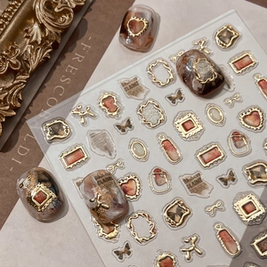 Vintage 3D Embossed Nail Art Stickers Retro Golden Silver Frame Butterfly Heart Bow Jewelry Decal Decor For Women Nails