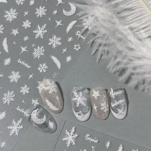 3D embossed snowflake nail art stickers with winter theme and white relief textures