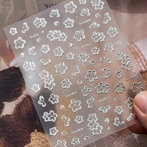 Silver embossed cherry blossom nail stickers with artistic text on clear backing