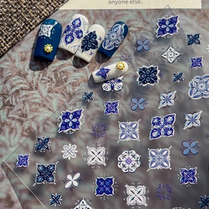 5D Embossed Nail Art Stickers Retro Bohemian Blue White Mandala Floral 3D Self Adhesive Manicure Decals Women DIY Decor