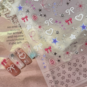 Autocollants Ongles Relief 3D Marquage à Chaud Argent Motif Cœur Étoile Nœud Papillon Décalcomanies Ongles Femme Décoration DIY