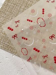 Close-up of 5D embossed nail stickers with red sugar-coated haws and white snowflakes
