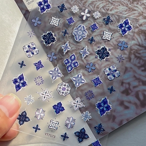 Blue and purple mandala flower nail art stickers with vintage relief design, item YT7573