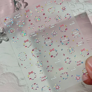 Holografische Nagelaufkleber mit silbernen Herzen, Schleifen und niedlichen Motiven