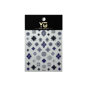Bohemian blue embossed nail art stickers with vintage floral patterns and silver accents