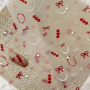 3D Embossed Nail Art Stickers Red Bow Sugar Coated Haws Snowflakes Design For Women New Year Festive Manicure Decoration