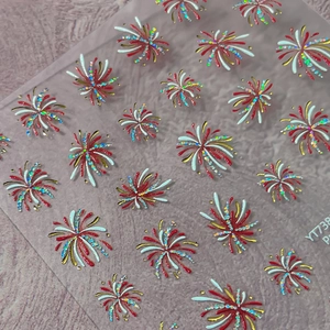 3D gold festive fireworks nail art stickers with holographic glitter and red accents