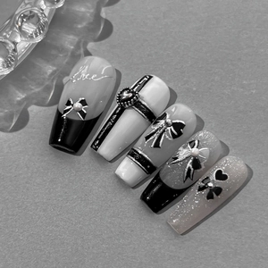 Gothic style long trapezoid fake nails with silver bows, pearls and 3D love heart accents
