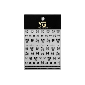 3D nail art stickers with silver bows and love lettering designs on white background