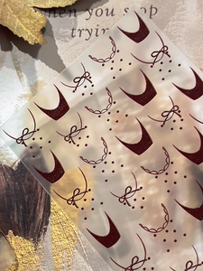 Autocollants d'ongles en relief avec nœuds rouge foncé et motifs lune style rétro chic