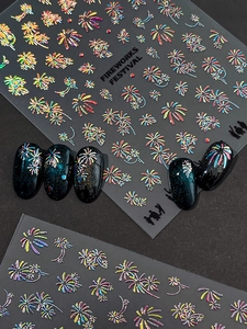 Detailed view of 3D embossed laser firework nail art stickers on dark base color