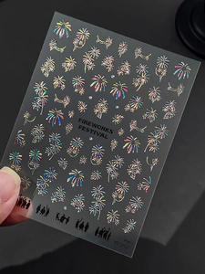 Holographic firework nail stickers featuring colorful laser patterns and silhouettes