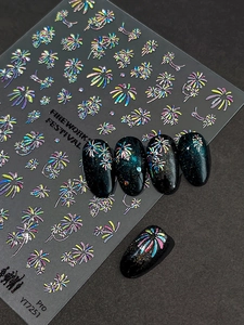 Macro view of Fireworks Festival 3D embossed laser nail art stickers on black nails