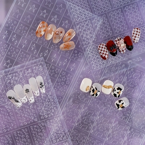 Hollow Relief Nail Art Stickers 3D Embossed Grid Checkered Leopard Cow Print DIY Manicure Decoration Stencils For Women