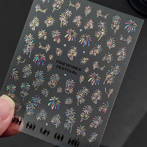 Lazer fireworks nail art stickers with festival silhouettes and holographic finish