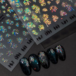 Holographic fireworks and palm tree nail stickers with colorful laser effect on dark nails