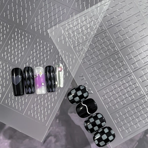 Checkerboard pattern and heart design nail art stickers in black and purple gloss finish