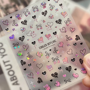 Adesivi per unghie olografici con cuore e fiocco nero per manicure DIY in stile Y2K