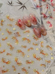 Detailed 3D gold embossed koi fish nail art stickers with traditional Chinese aesthetics