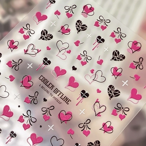 Adesivi per unghie 3D in rilievo con cuori, fiocchi rosa e scritte gotiche