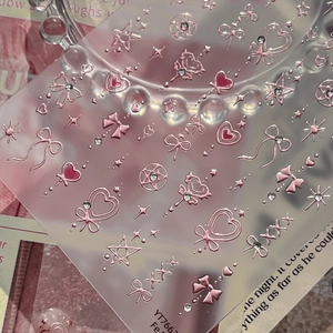 5D embossed pink nail art stickers with bows and hollow heart designs, model YT7662