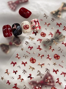 Detailed view of plaid and rocking horse nail stickers for British style manicure