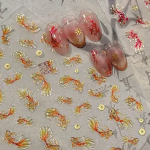 3D Relief Koi Fish Nail Art Stickers Chinese Style Gold Stamping Goldfish Design Manicure Decals For Women Decoration