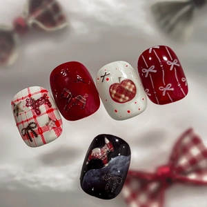 Festive red and white plaid nail stickers with cute horse and apple patterns for manicure