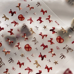 Plaid horse nail art stickers with vintage red apples and gold stars on clear film