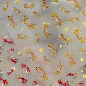 3D embossed gold foil koi fish nail art stickers with intricate Chinese style patterns