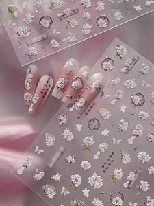 Autocollants 5D pour ongles avec pivoines blanches et papillons de style chinois