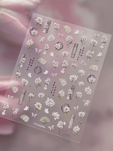 Stickers ongles 5D relief avec pivoines dorées et éventails chinois style YT7692
