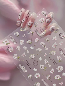 Détails de stickers nail art 5D gaufrés avec motifs de pivoines, éventails et papillons