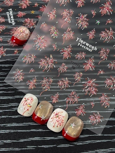 Detailed view of gold foil firework nail art stickers and finished laser effect tips